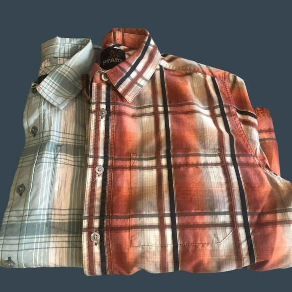 Prana Button Down Short Sleeve Sz S Plaid Shirts Set of 2 Pocket Casual Street W - Picture 2 of 9